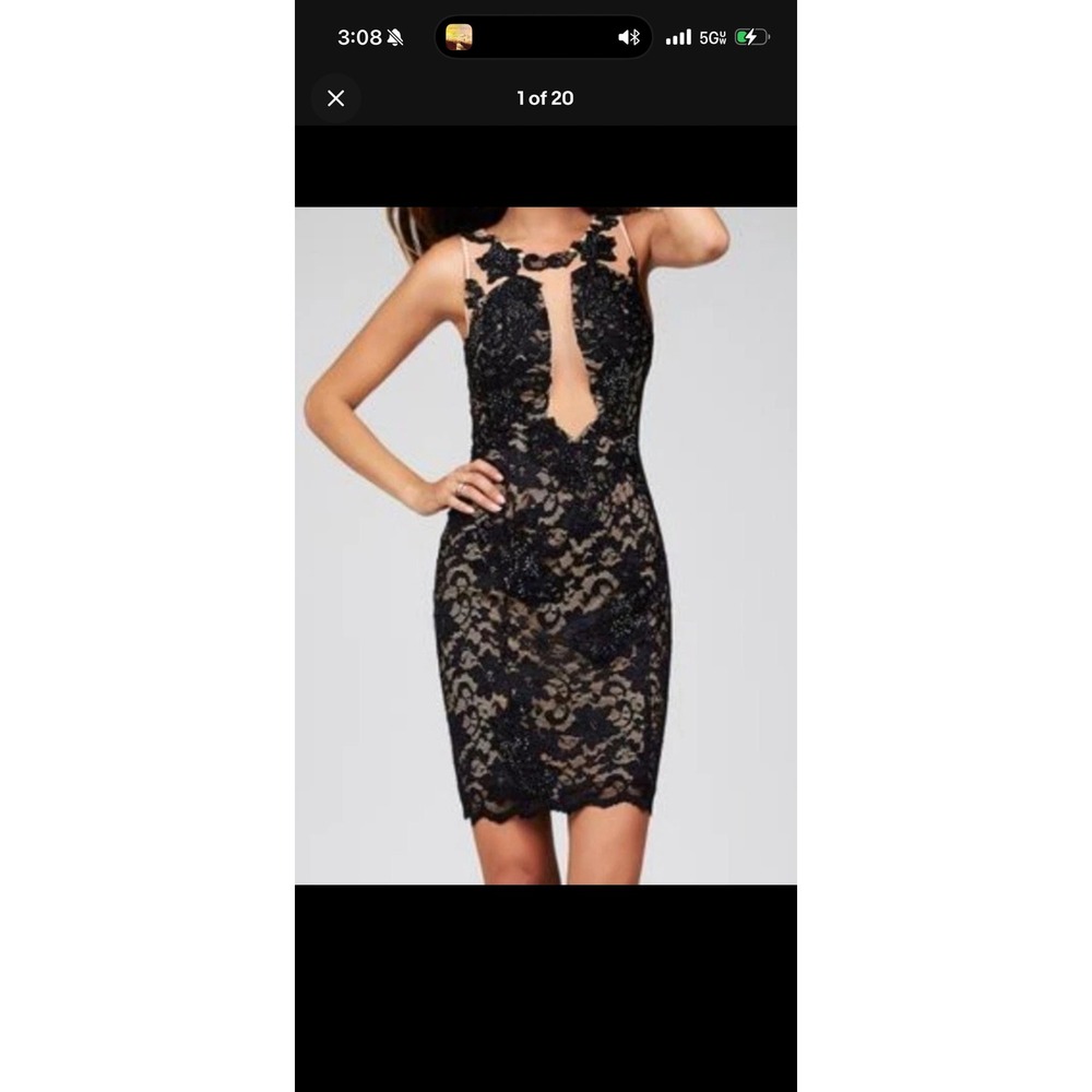 Jovani formal homecoming dress illusion plunging neckline sz 8 black lace sequin
